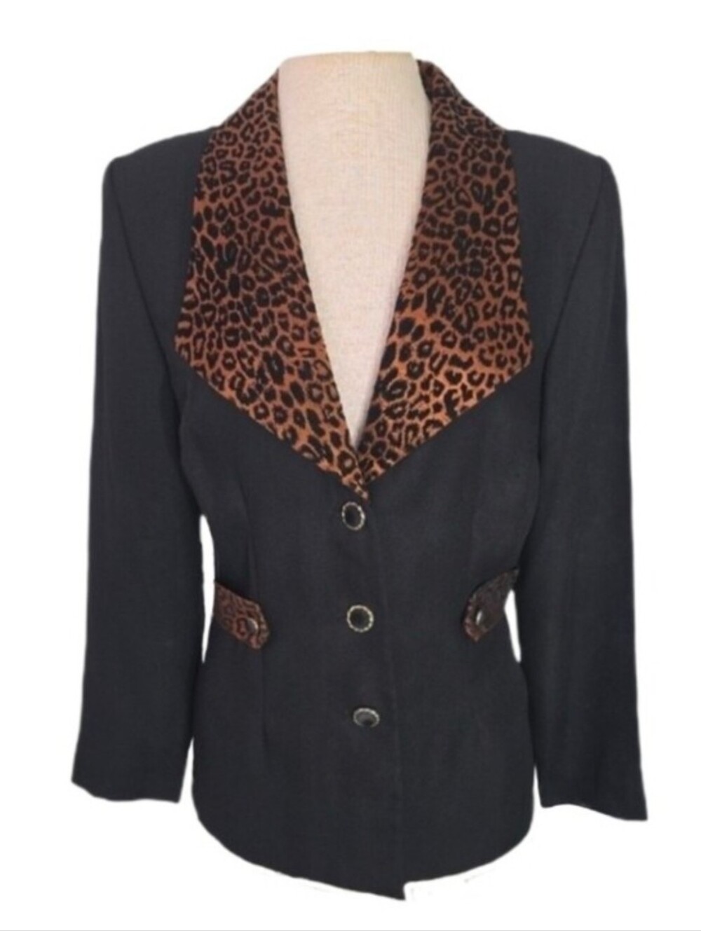 Chad's Place Jacket Vintage Leopard Collar & Accents Black Size 10